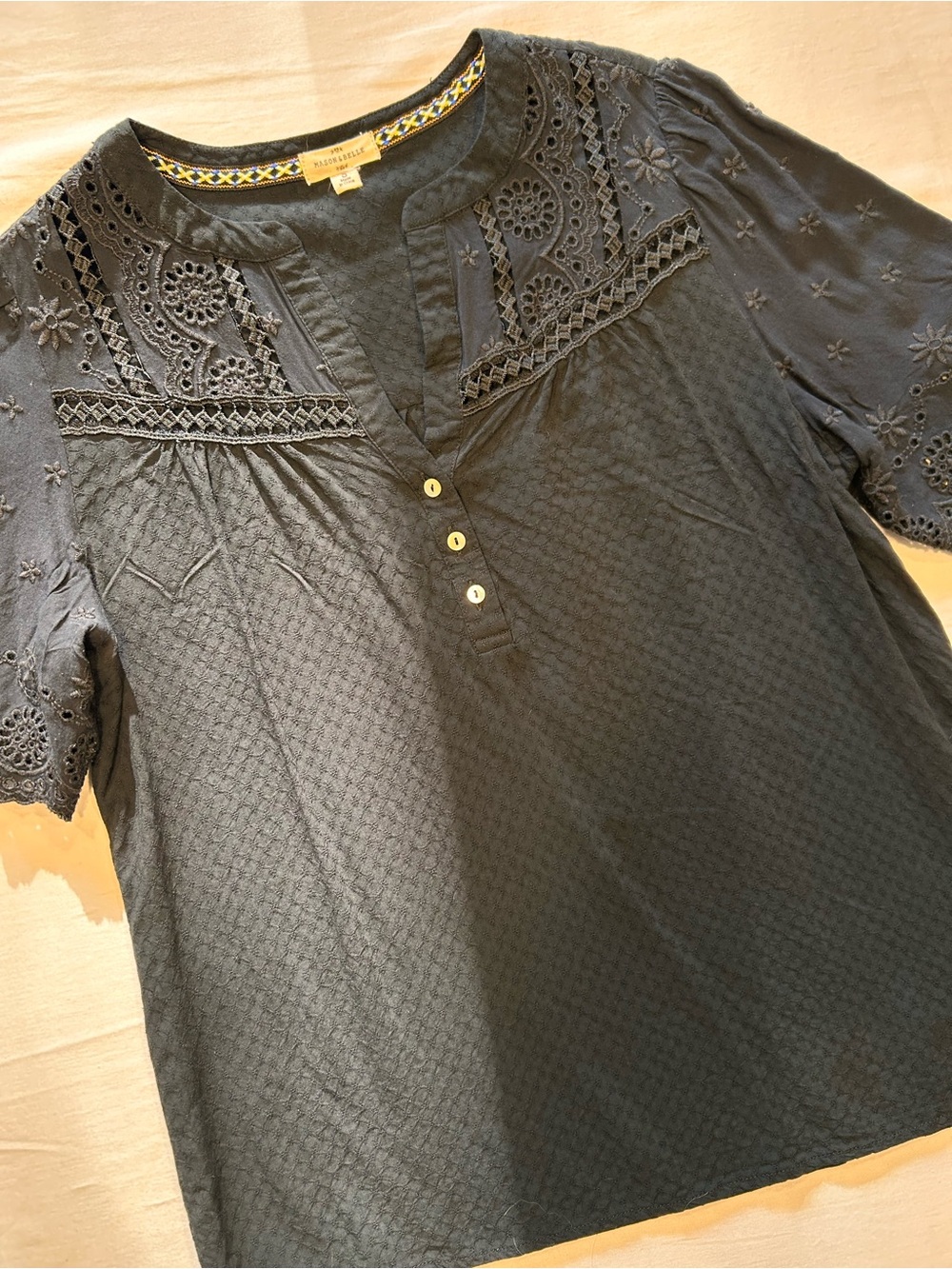 Mason & Belle Embroidered Eyelet Boho Blouse Women’s Small Black
